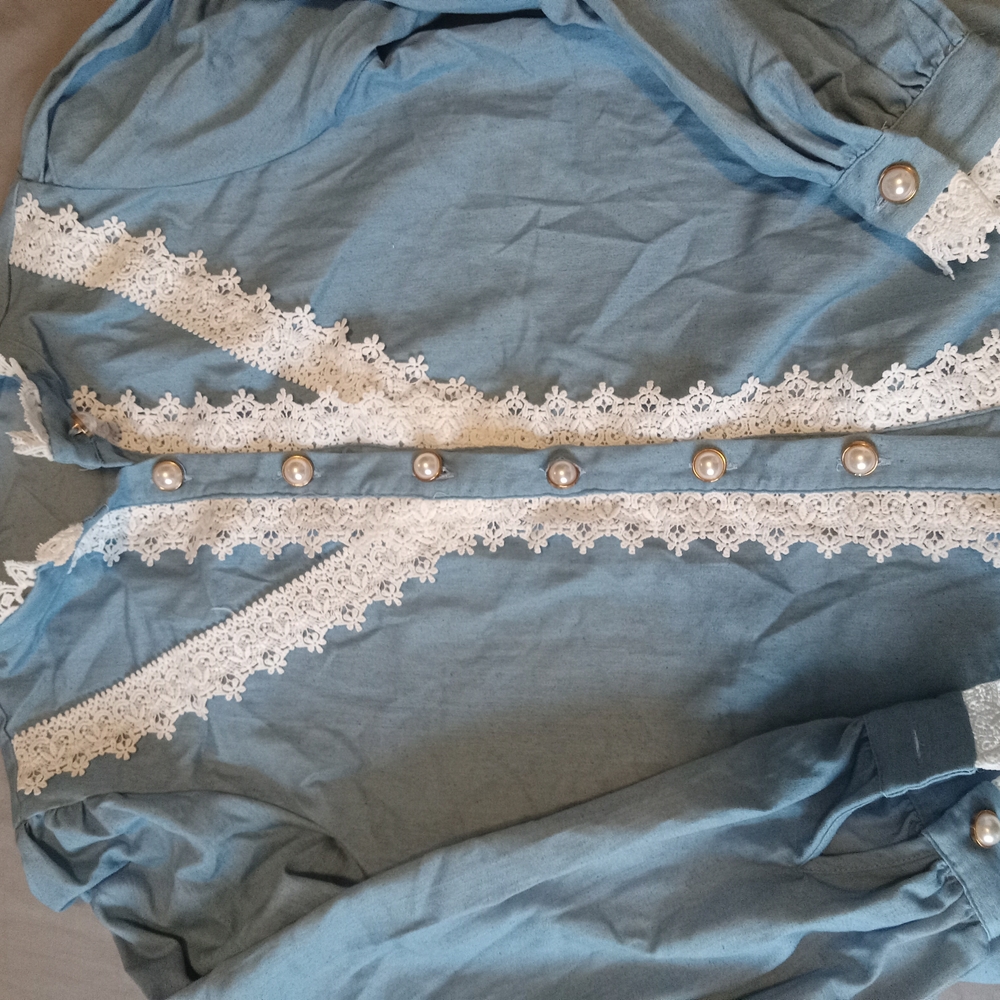 Blue Blouse with Lace and Pearl Buttons Size M